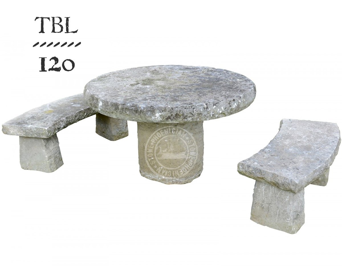 Authentic set of antique limestone benches and rounded table by Phoenician Stone